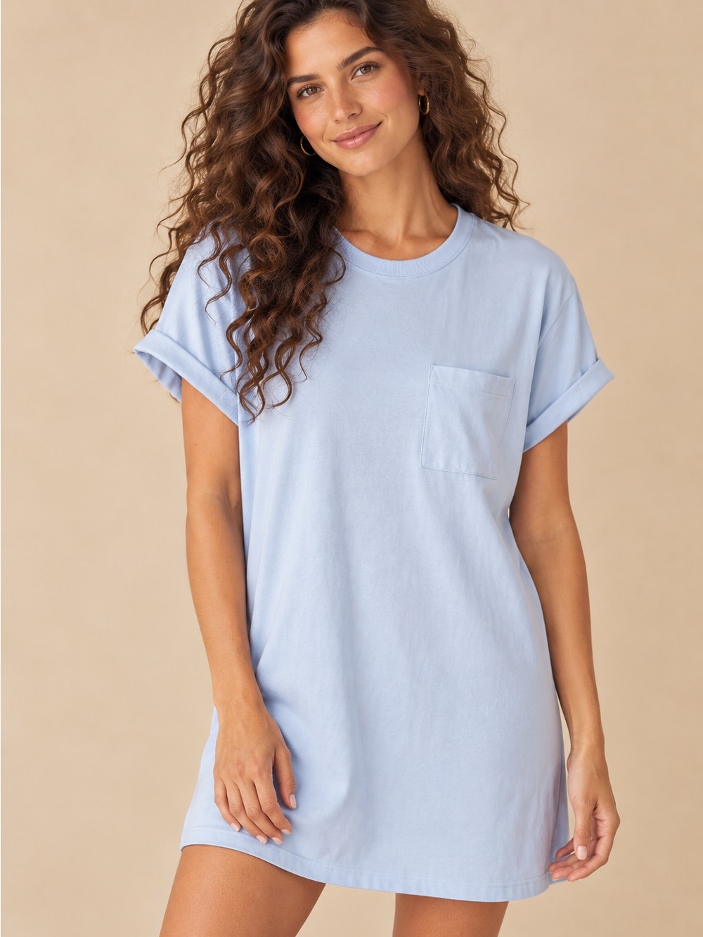 Le Marais 100% Pima Cotton Sky Blue Crewneck Pocket T-Shirt Dress Size Small